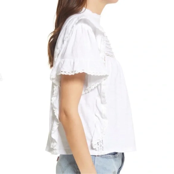 Free People Le Femme Ivory Ruffled Short Sleeve Tee L NWT - Picture 4 of 6